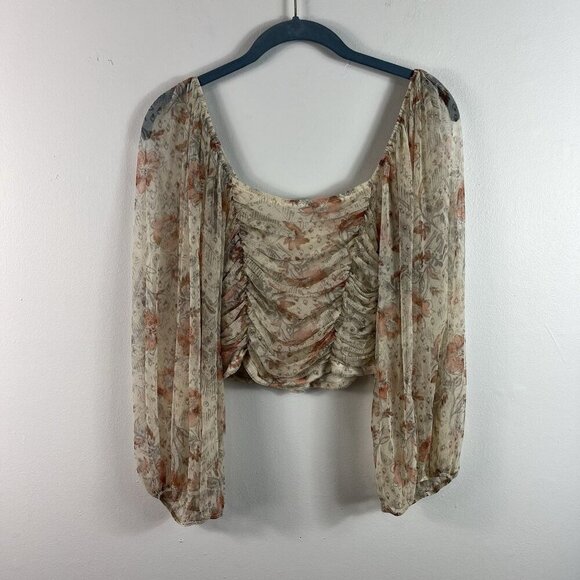 Free People Lilia Ruched Cropped Top Size S Ivory Floral Boho Coachella Party - Picture 7 of 14